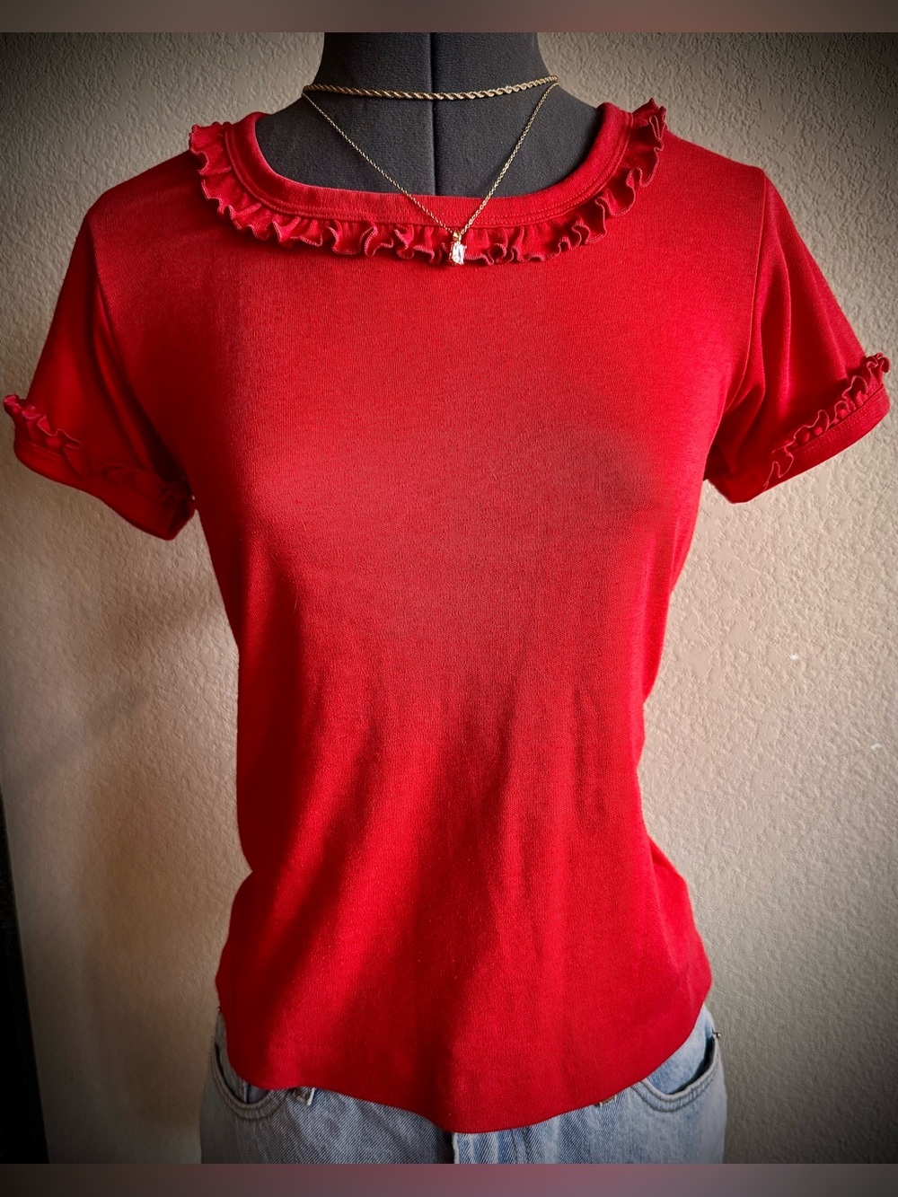 Vintage 90s Red Ruffle Tshirt Pop-O Tee Top S Made In USA